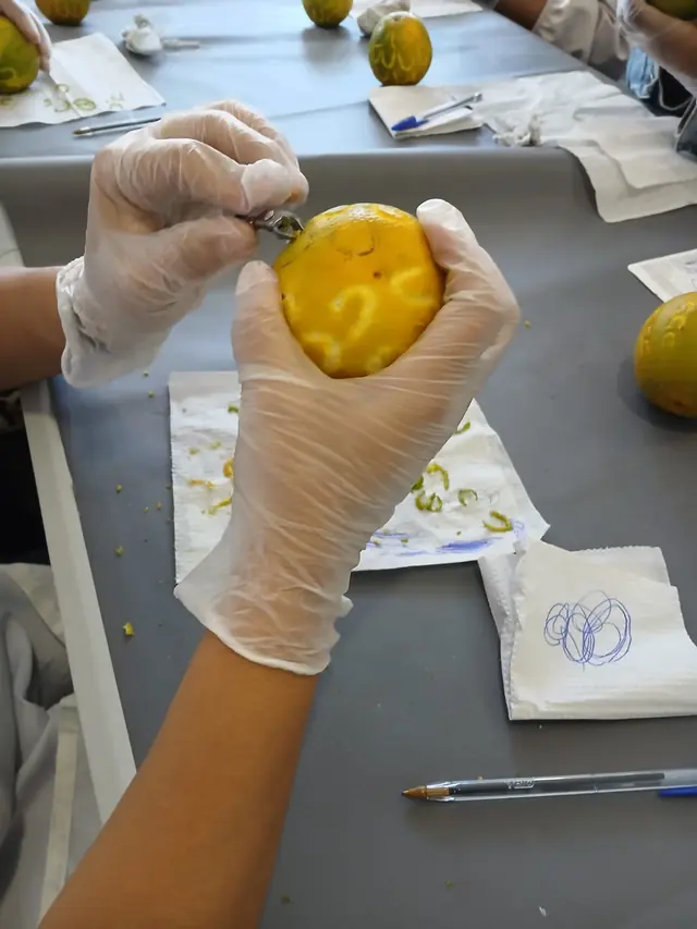 Participante com uniforme e materiais do curso na bancada